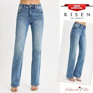 RISEN Tummy Control High Rise Waist Zipper Fly Medium Wash Straight Denim Jeans